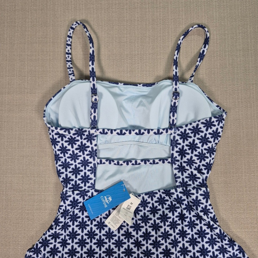 Cupshe Womens Blue White Geometric Floral Ruched Tummy Control Swimsuit Size M - Picture 9 of 9